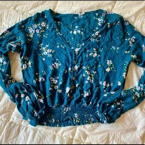 Tilly’s Turquoise Floral Buttoned Crop top/Blouse Size Large